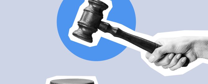 Hand banging wooden gavel in black and white pop art digital collage art style. Justice and law concept. Legal dispute resolution.