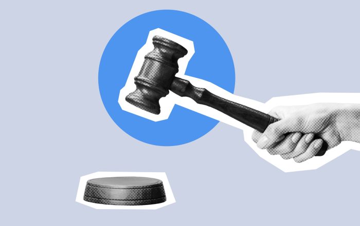 Hand banging wooden gavel in black and white pop art digital collage art style. Justice and law concept. Legal dispute resolution.